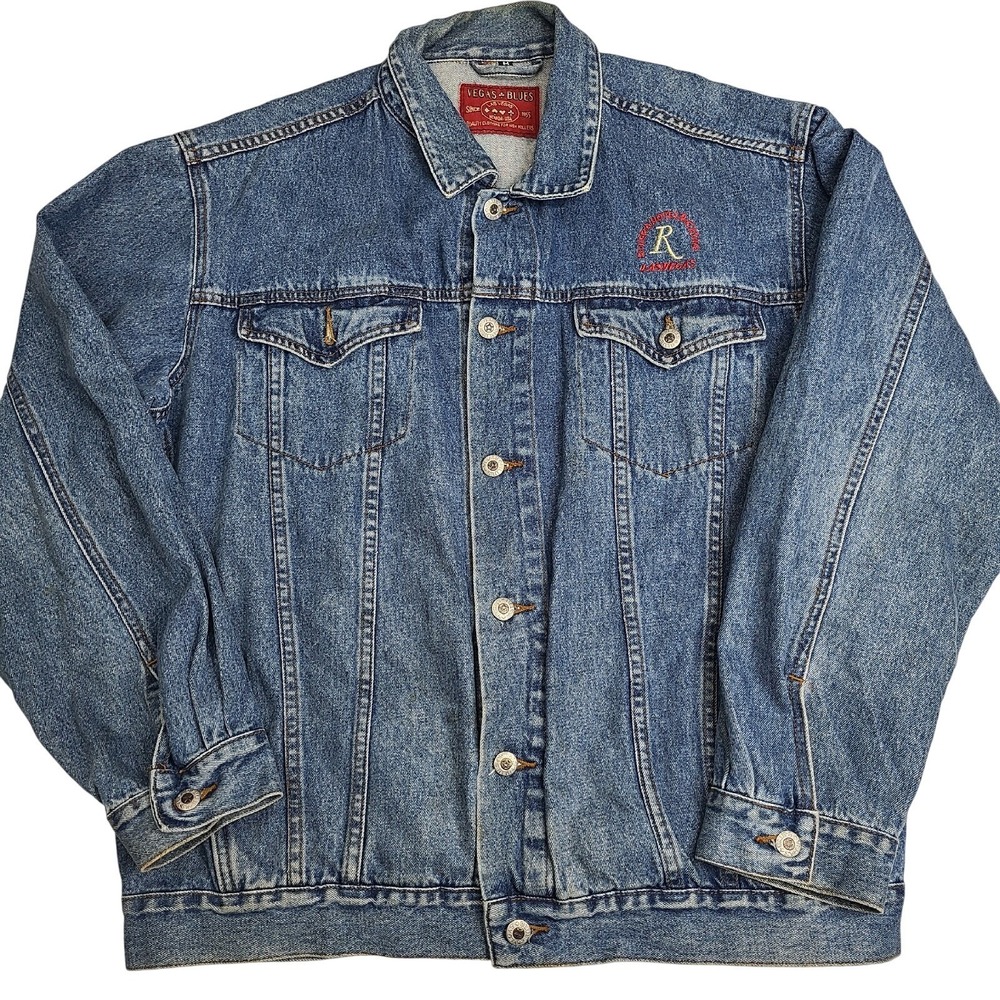 Riviera Hotel & Casino Mens Medium Blues Trucker Vintage Denim Jacket Las Vegas